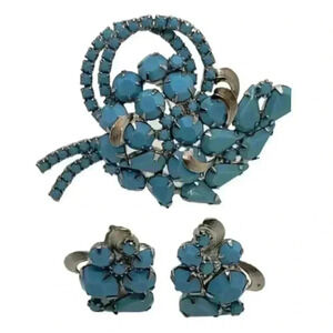 Alice Caviness Rare Set Brooch & Earrings Faux Turquoise Vintage Signed